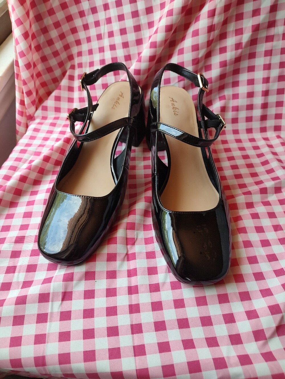 Ankis Mary Jane's Vegan Patent Leather Square Toe Block Heel Sling Back 11